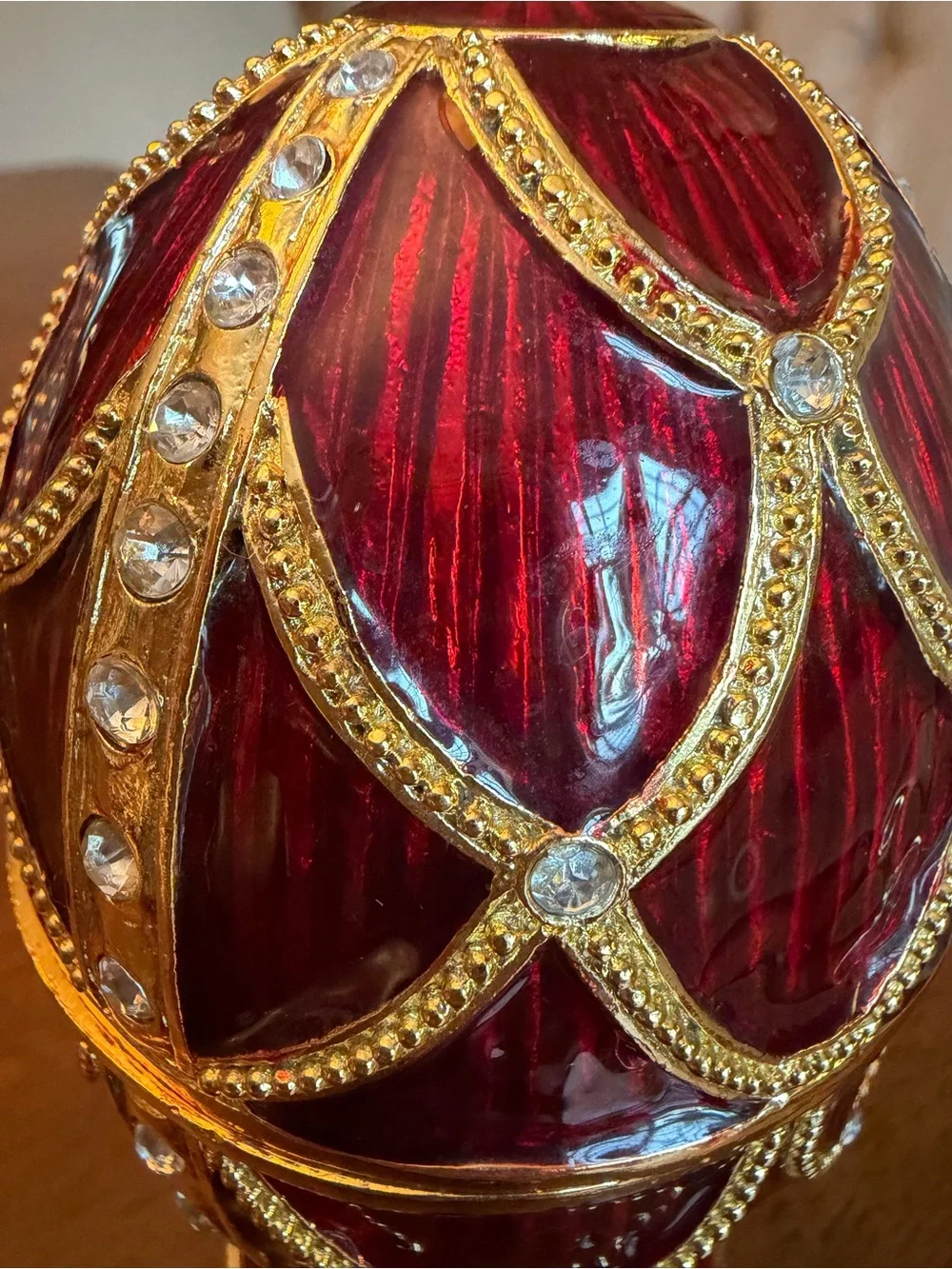 Russian-Styled Red Enamel Fabergé Decorative Egg Trinket Music Box